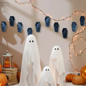 Halloween hanging coffin LED light decoration prop scene with spooky party atmosphere setup.