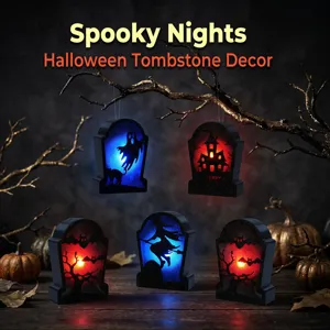 Halloween LED tombstone light decor detail, spooky night party glowing prop display.