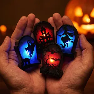 Halloween LED glowing tombstone coffin ornament set, spooky party decoration props for home.
