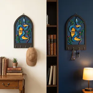 Wooden key holder wall decor detail, bohemian snake moon design, vintage aesthetic rack for home.