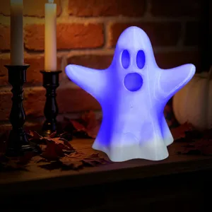 Detailansicht des leuchtenden blauen Geist-Nachtlichts für eine gruselige Halloween-Atmosphäre.