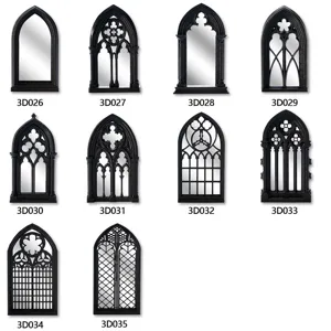 Gothic arched window mirror variants set, black resin vintage wall decor and tabletop ornaments.