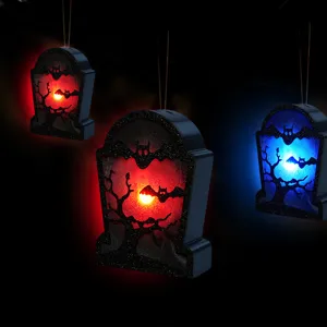Halloween hanging LED tombstone coffin light glowing party decoration ornament detail shot