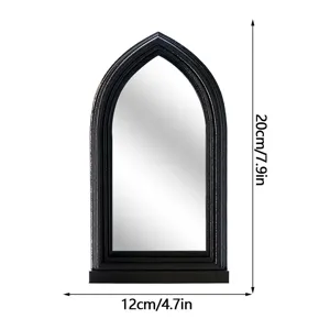 Gothic arch window mirror detail showing dimensions, black decorative frame, wall decor.