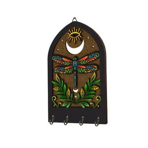 Bohemian wooden key holder detail, exquisite dragonfly art and metal hooks for wall decor.