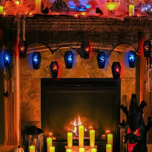 Halloween hanging LED coffin lights spooky party decoration props for indoor fireplace display.