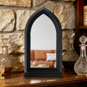 Gothic arch window mirror detail, vintage black decorative mirror for home tabletop styling.