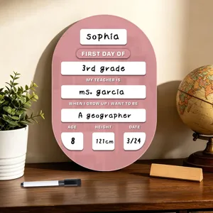 Gedetailleerd overzicht van het roze acryl schoolbord met gepersonaliseerde naam en klas.