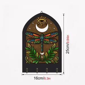 Bohemian wooden key holder wall decor with dragonfly and moon design for home entry decor.