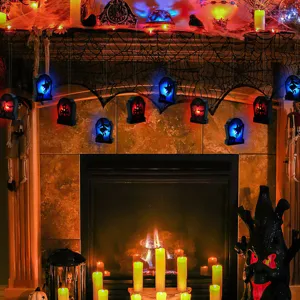 Halloween hanging LED glowing tombstone coffin party decoration lights for spooky holiday setup.