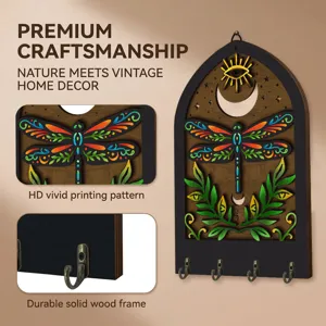 Bohemian wooden key holder detail showing vivid dragonfly print and durable solid wood frame.