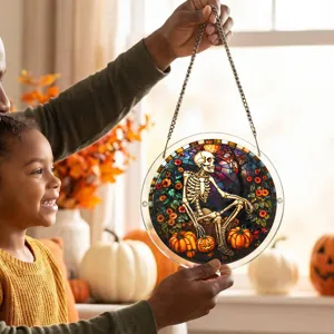 Halloween Vitrail Acrylique Suspendu Fenêtre Squelette Citrouille Fête Décoration