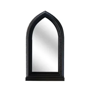 Gothic arch window mirror detail, black vintage decorative mirror ornament for home wall decor.