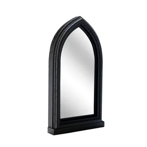 Gothic arch window mirror ornament, black vintage tabletop decorative mirror with stable base.
