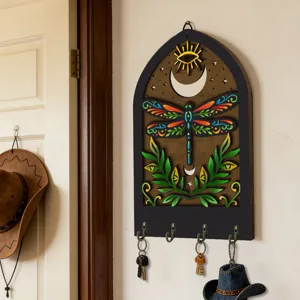 Bohemian Wooden Key Holder Wall Decor Boho Dragonfly Key Hanger Organizer for Entryway