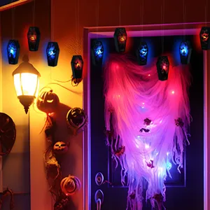 Halloween hanging LED coffin lights for party decoration, glowing spooky festival props.