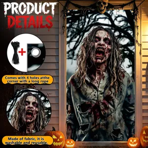 Halloween zombie door banner detail, fabric hanging decor with corner holes and rope.