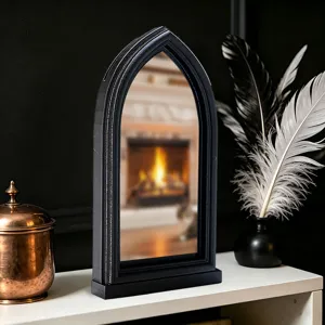 Gothic arch window mirror detail, black decorative tabletop mirror prop for home decor and gothic room.
