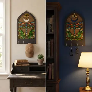 Bohemian wooden key holder wall decor with dragonfly and sun eye design for home organization.
