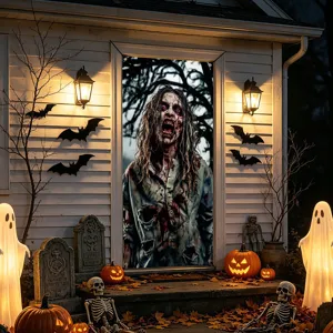 Halloween zombie door banner decoration, spooky holiday party backdrop for home porch display.