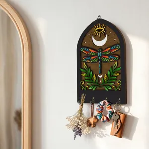 Bohemian wooden key holder wall decor with colorful dragonfly motif and four metal hooks.