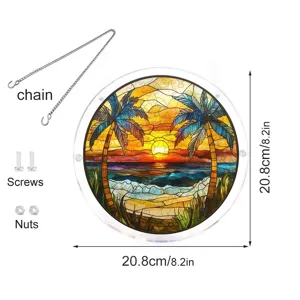 Vue détaillée d'un capteur de soleil en acrylique rond avec design de palmiers et chaîne.