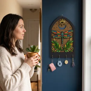 Bohemian wooden dragonfly key holder for wall decor with hooks for home hallway and entryway.