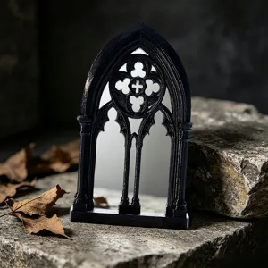 Gothic arched window mirror ornament, vintage black resin wall decor for home room aesthetic.