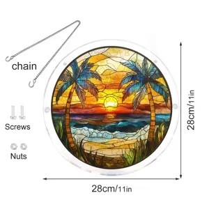 Attrape-soleil en acrylique motif plage de palmiers, décoration ronde de 28cm avec chaîne.