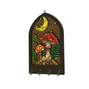 Wooden bohemian wall key holder with mushroom and moon design, featuring 4 metal hooks.