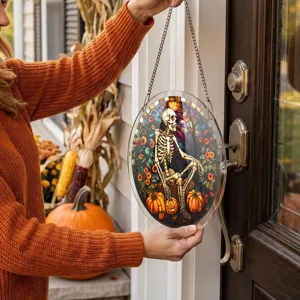 Ornement suspendu en acrylique d'Halloween avec motif squelette et citrouille pour fenêtres