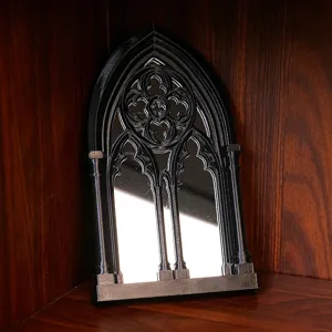 Black Gothic arch window mirror ornament, vintage decorative wall mirror for home decor.