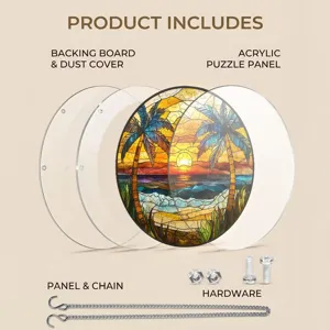 Vue detaillee de suncatcher puzzle en acrylique avec panneau, chaine et accessoires de fixation.