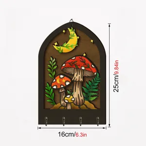 Bohemian wooden key holder wall decor, vintage mushroom moon arched design with 4 hooks.