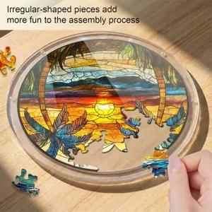 Attrape-soleil puzzle en acrylique rond avec design de coucher de soleil sur plage.