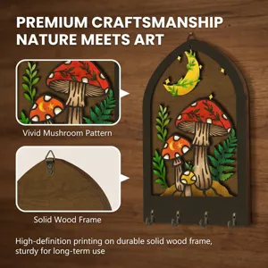 Close-up detail of the bohemian wooden key holder featuring vivid mushroom pattern and solid wood.