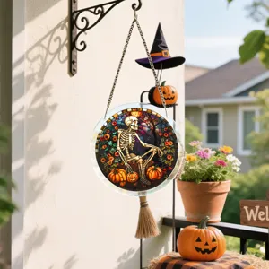 Suspension attrape-soleil en acrylique d'Halloween avec squelette et citrouille pour fenetre
