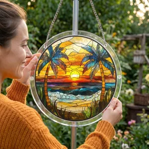 Suspension attrape-soleil puzzle en acrylique effet vitrail motif plage et palmiers