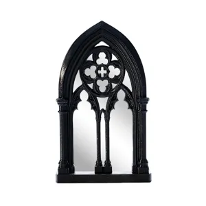 Gothic church window mirror detail, black arch wall decor ornament with vintage cathedral design.