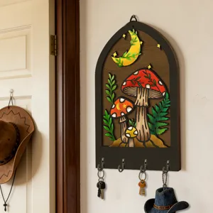 Wooden boho style mushroom moon wall key holder with hooks for home decor detail view