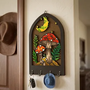 Boho wooden key holder for wall decor, mushroom and moon design with 4 hooks for home.