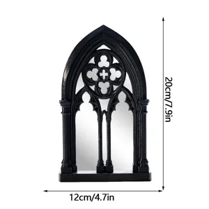 Black gothic arched window mirror wall decor with decorative tracery, 20x12cm home ornament.