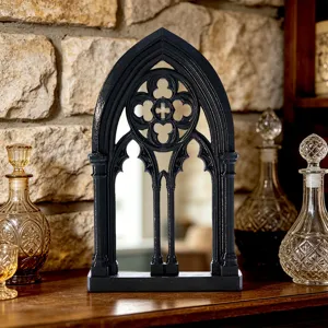 Gothic arch window mirror black vintage home decor tabletop accent decorative mirror detail view