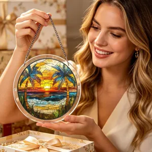 Suspension attrape-soleil en acrylique motif puzzle avec un beau design de coucher de soleil sur plage.