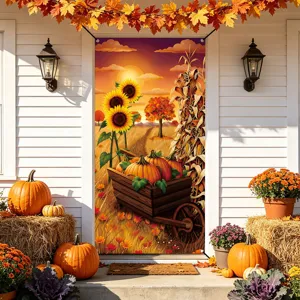 Thanksgiving Door Curtain Banner Polyester Fabric Autumn Harvest Pumpkin Turkey Hanging Flag Festival Home Party Decor