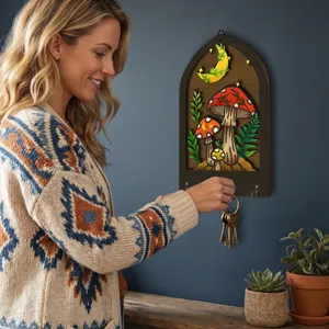 Wooden mushroom key holder wall mount decorative key hanger for home entry hallway organizer