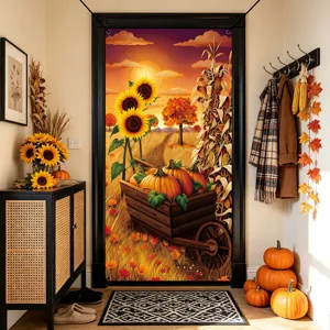 Autumn Thanksgiving door banner featuring pumpkin cart and sunflowers for home holiday decor.