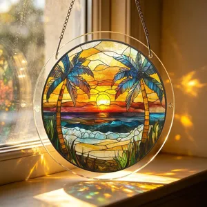 Attrape-soleil en acrylique suspension fenêtres plage tropicale coucher de soleil pendentif rond