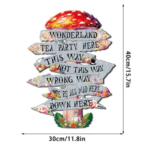 Pancarte suspendue de fête Alice au pays des merveilles plaque murale champignon 40x30cm