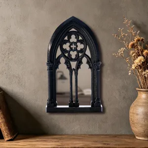 3D gothic window mirror for home decor, vintage arched wall mirror ornament interior display.